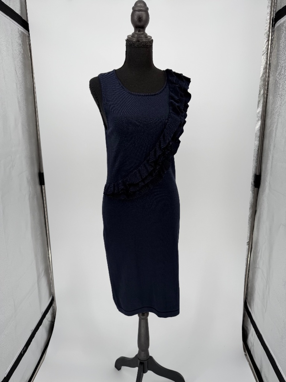 Adrienne Vittadini Navy Blue Ruffle Asymmetric Knit Sheath Dress M